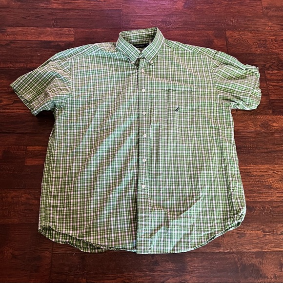 Bright Green & White Plaid Nautica Button-Down Short Sleeve - Picture 2 of 5
